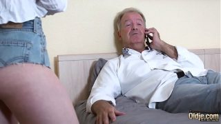 Teen blonde grabs grandpas cock and sucks it deepthroat